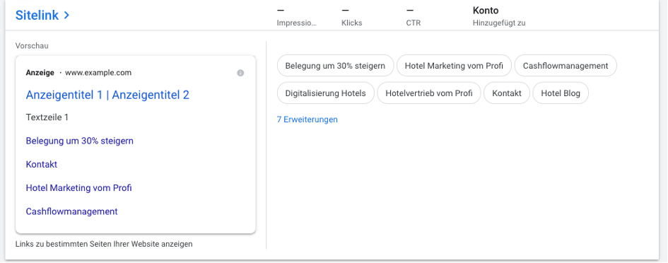 Erweiterungen Beispiel Google Ads