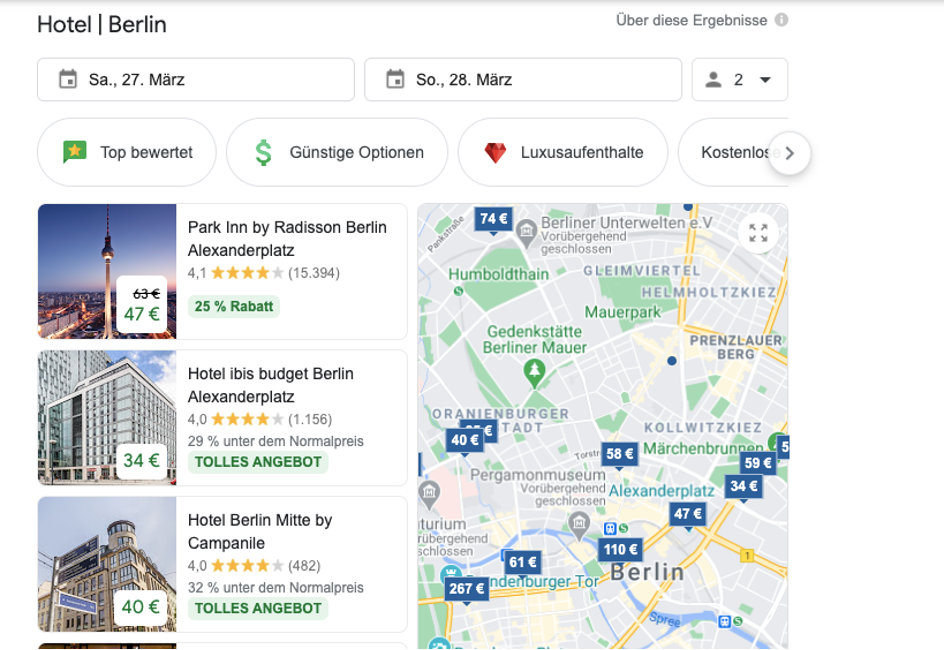 Google Travel Übersicht Screenshot